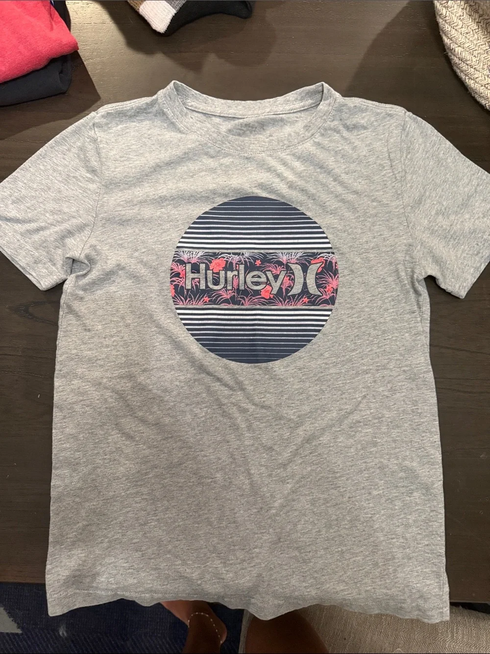 Hurley Gray Short-Sleeve Tee with Navy & Pink Circle Graphic